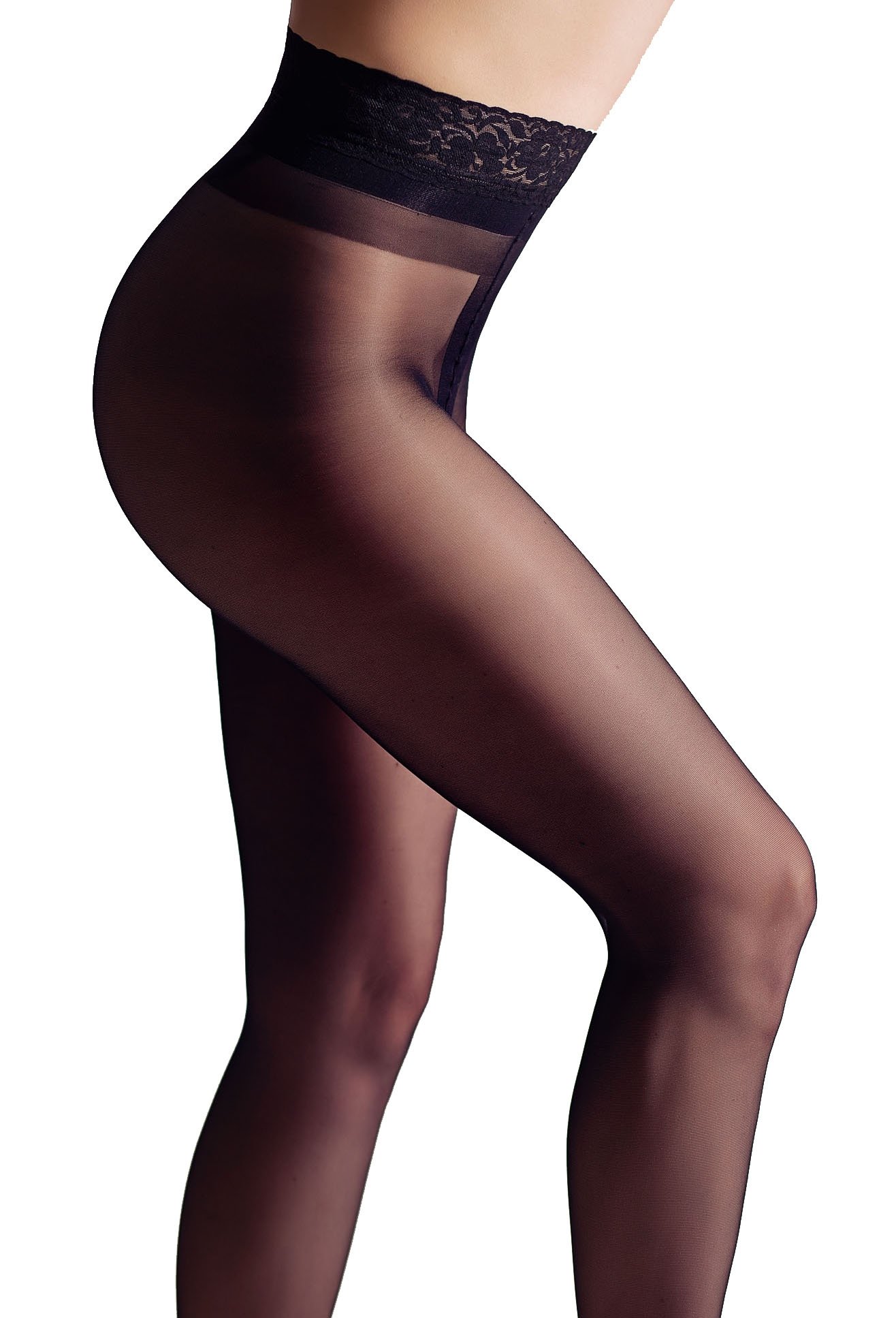 OLIVIA 20 DEN black tights featuring a lace waist with silicone strip, stretchy fabric, and a semi-matte finish.