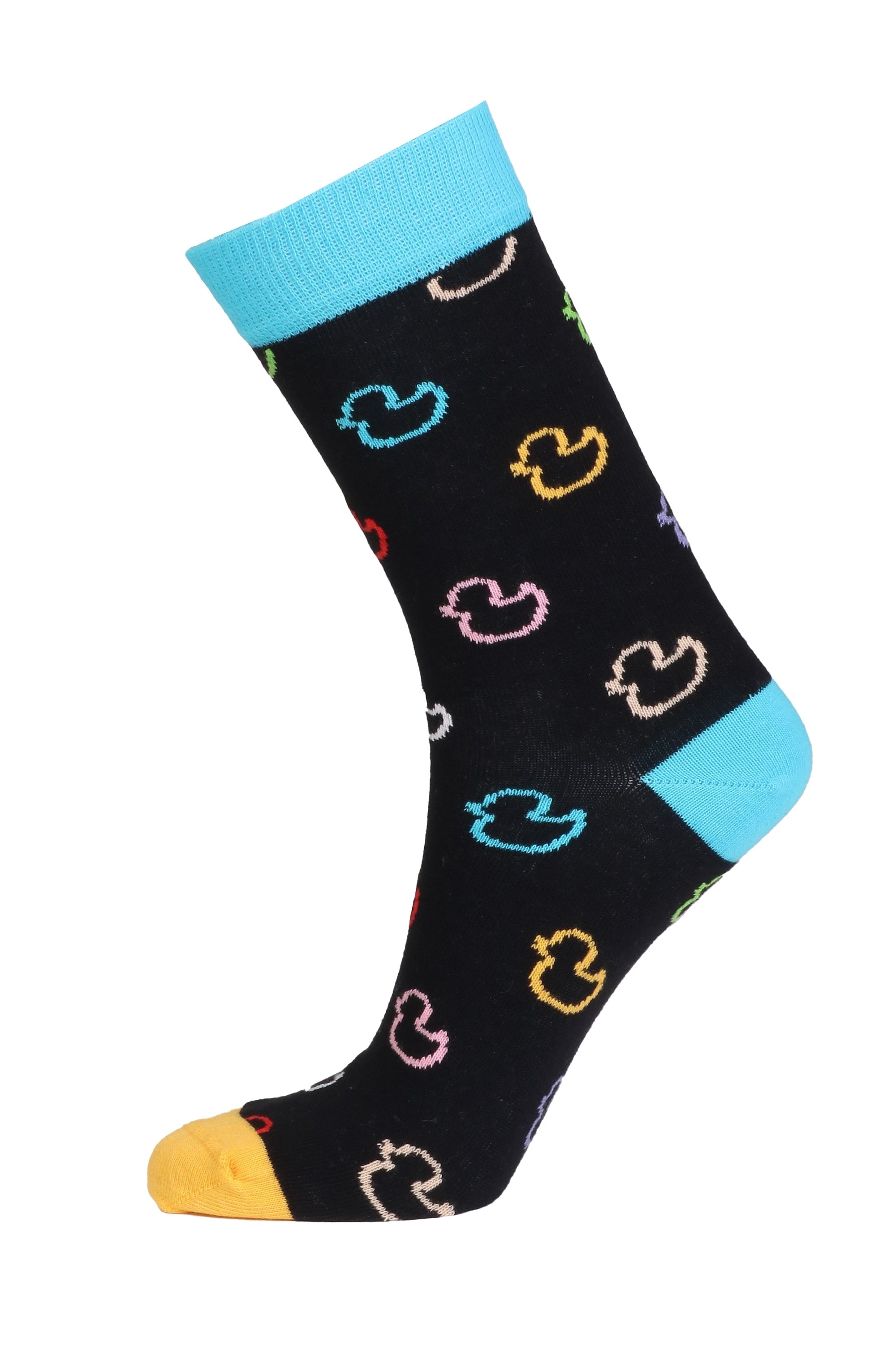 PARDIRALLI black cotton socks featuring a vibrant duck pattern in blue and orange, suitable for both men and women.