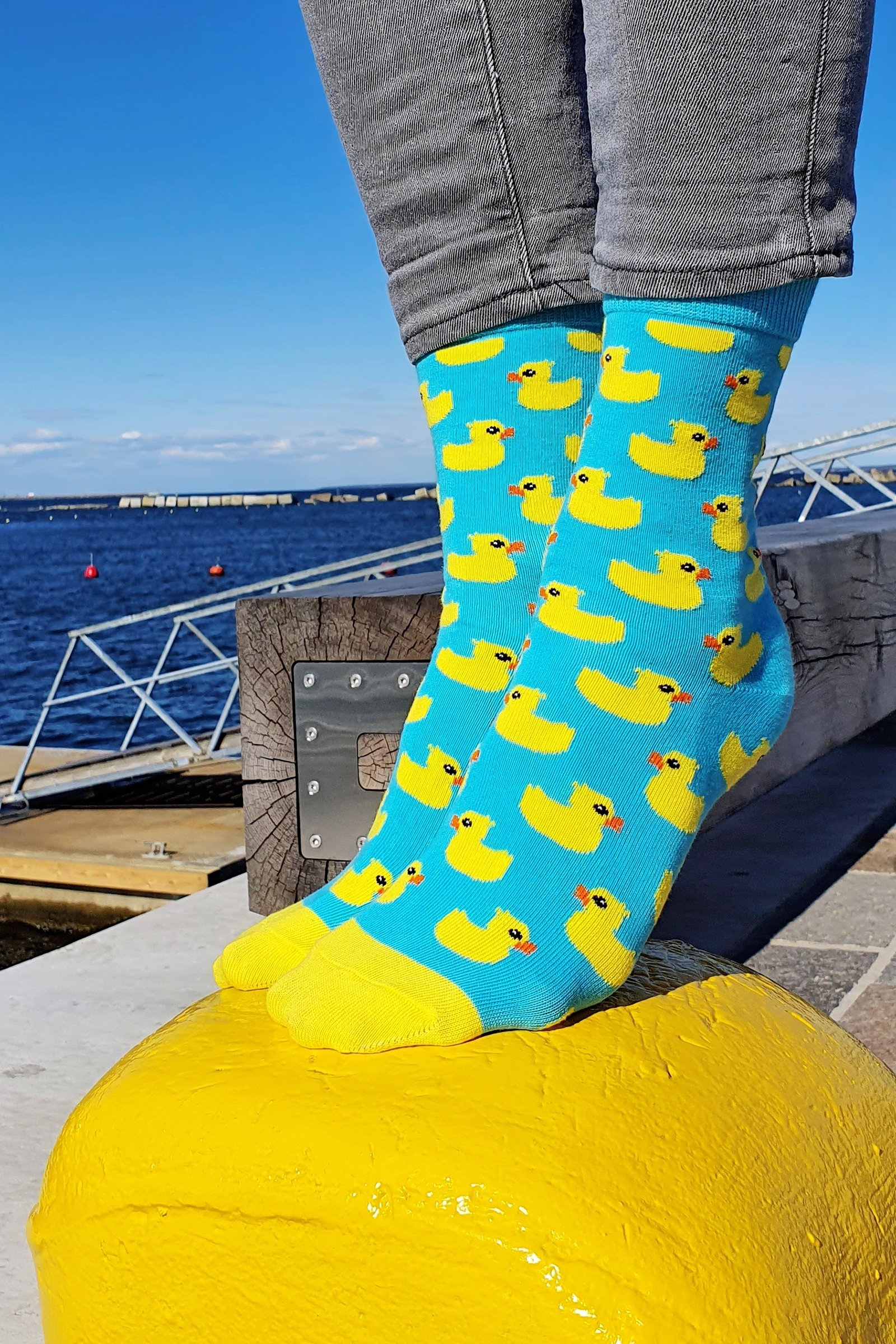 PARDIRALLI light blue socks featuring a knitted duck pattern, made from a soft cotton blend, suitable for men and women.