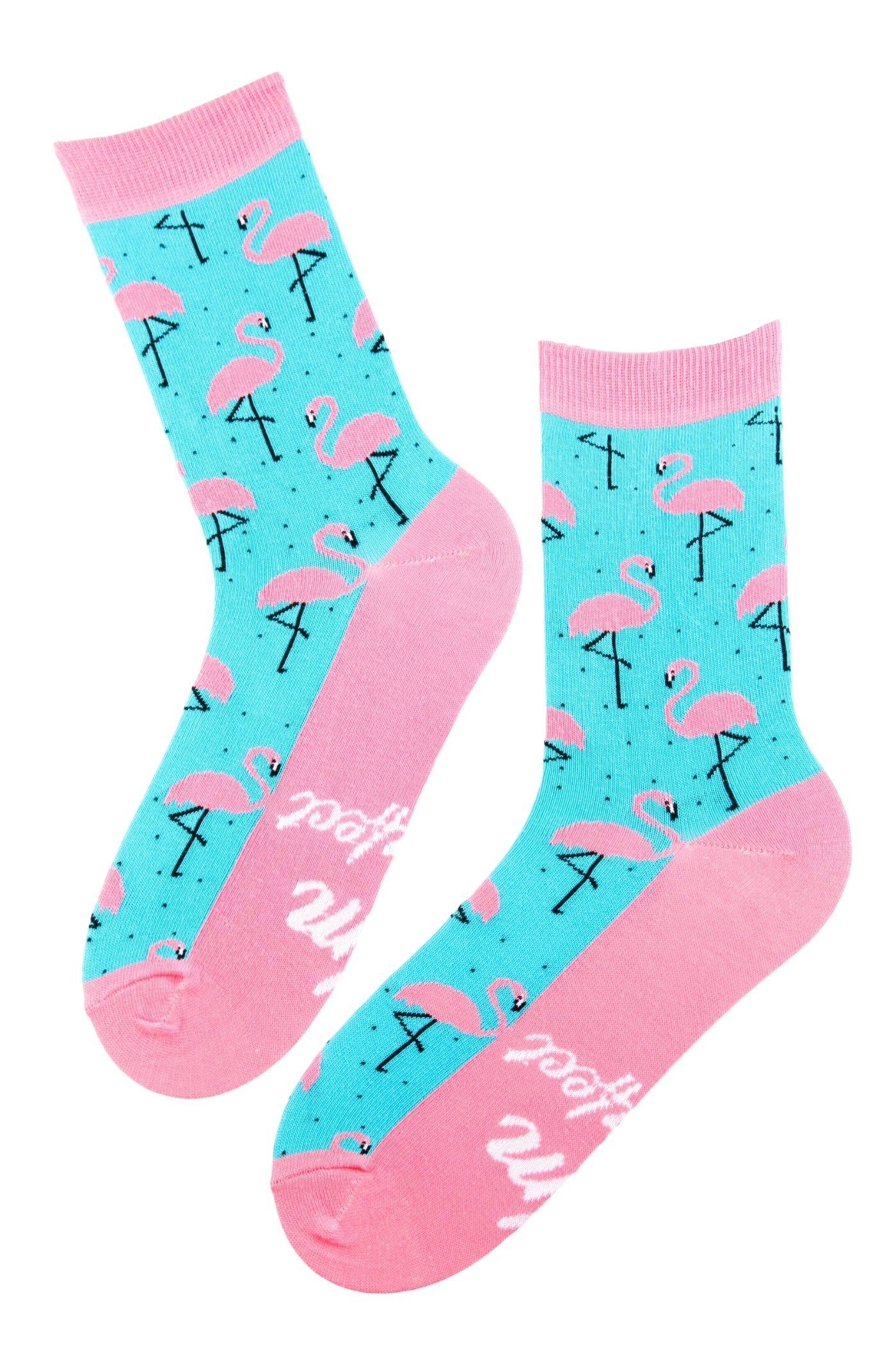 Light blue cotton socks for women featuring a flamingo pattern and the text 'I'm perfect' on the sole.