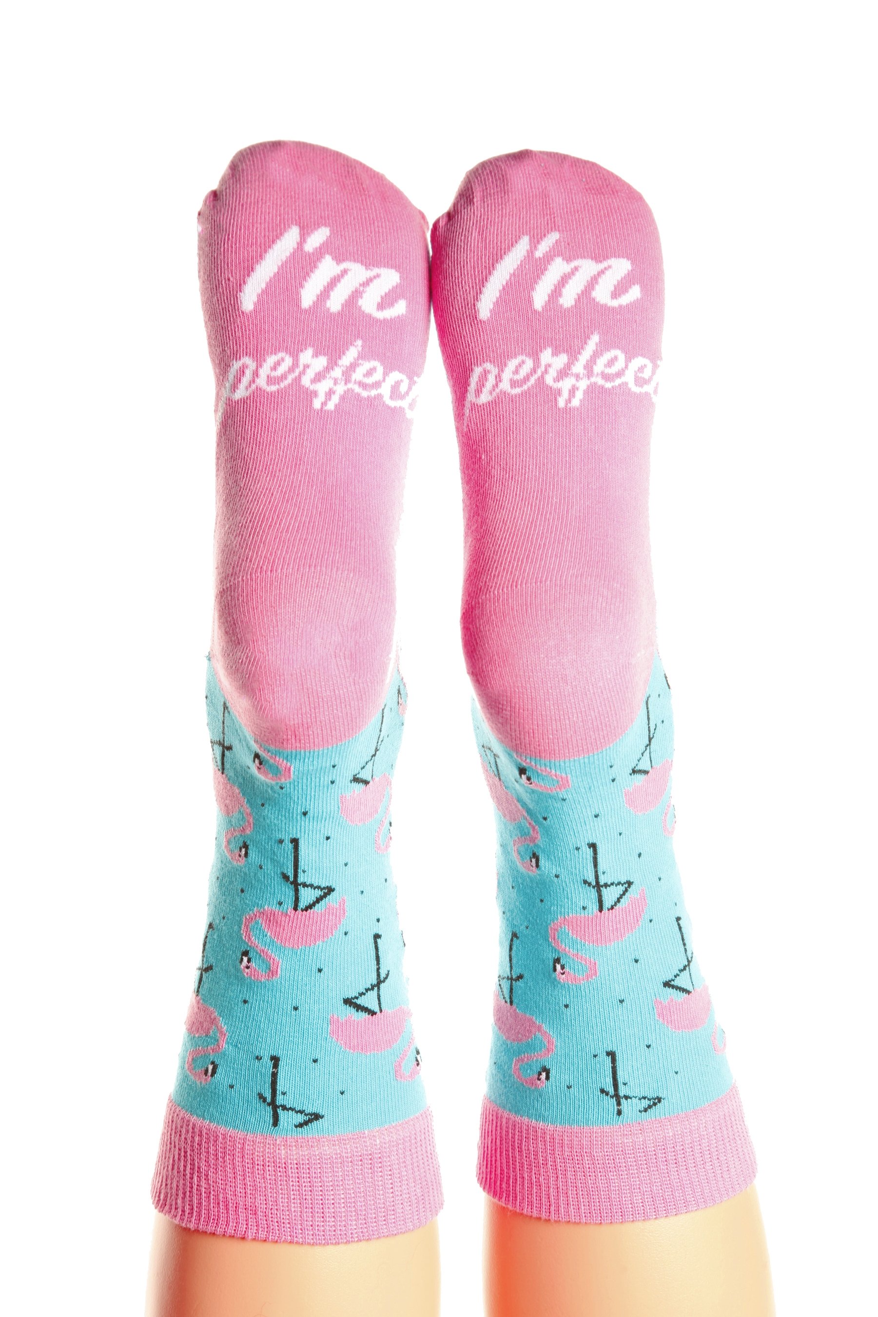 Light blue cotton socks for women featuring a flamingo pattern and the text 'I'm perfect' on the sole.