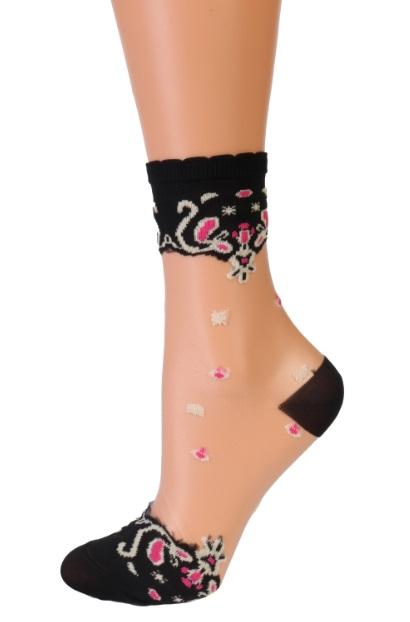 PERLY black sheer socks featuring a feminine beige pattern on the heel and top, elegantly designed for women.