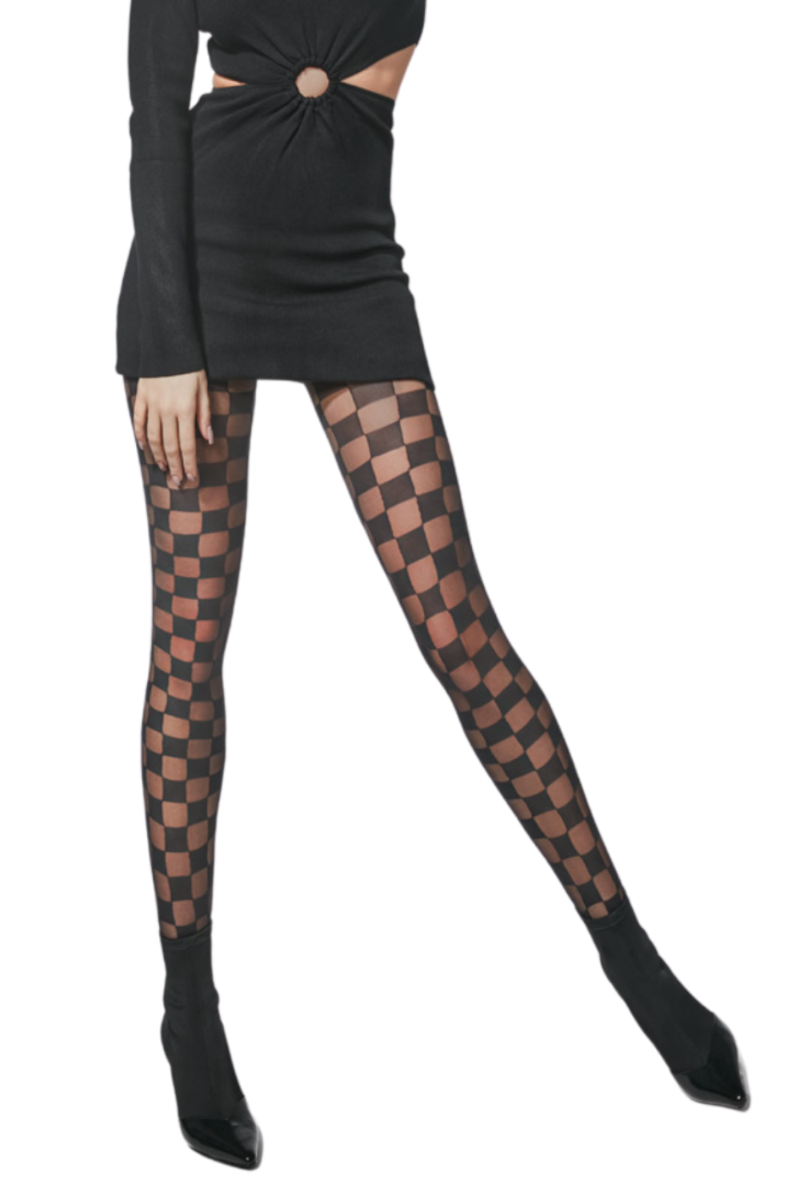 PHOEBE black fancy tights featuring a festive checkered pattern, suitable for dresses and shorts, made from polyamide and elastane.