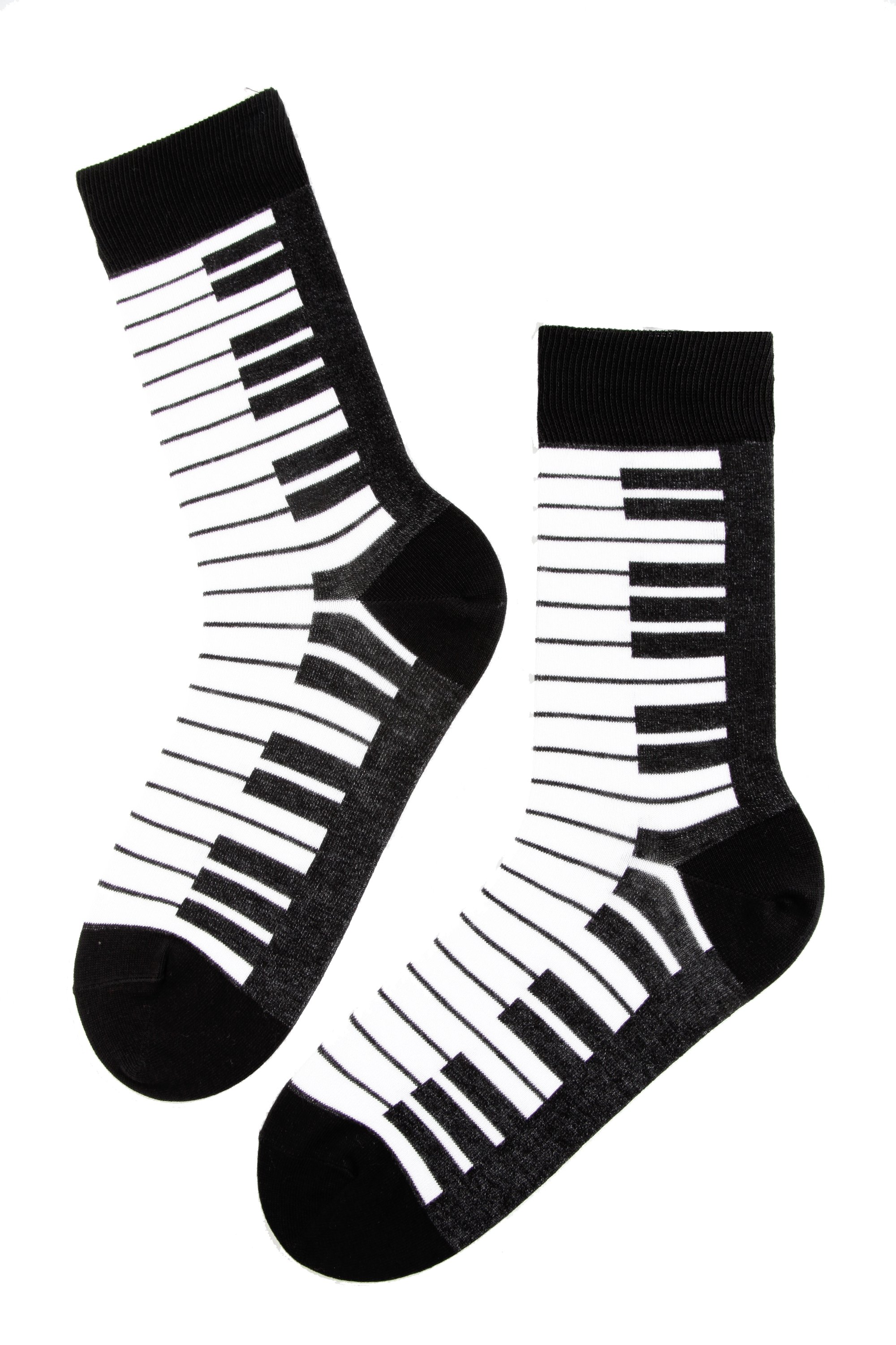 A pair of black cotton socks for men featuring a stylish piano key pattern in white, showcasing comfort and elegance.