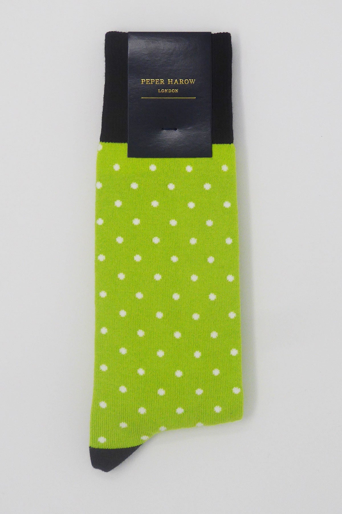 Mint Pin Polka Men's Socks featuring vibrant polka dots and contrasting cuffs, heels, and toes, made from luxurious Supima cotton.