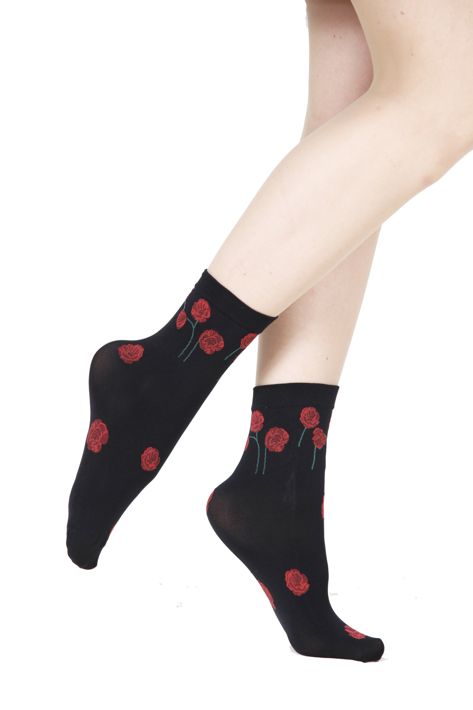 Elegant black socks for women featuring a beautiful poppy design, made in Italy with high-quality materials.