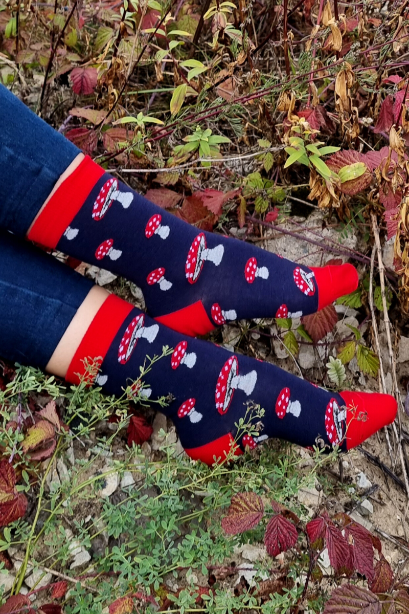 PUFFBALL merino wool socks featuring a vibrant red toadstool design, perfect for stylish comfort.