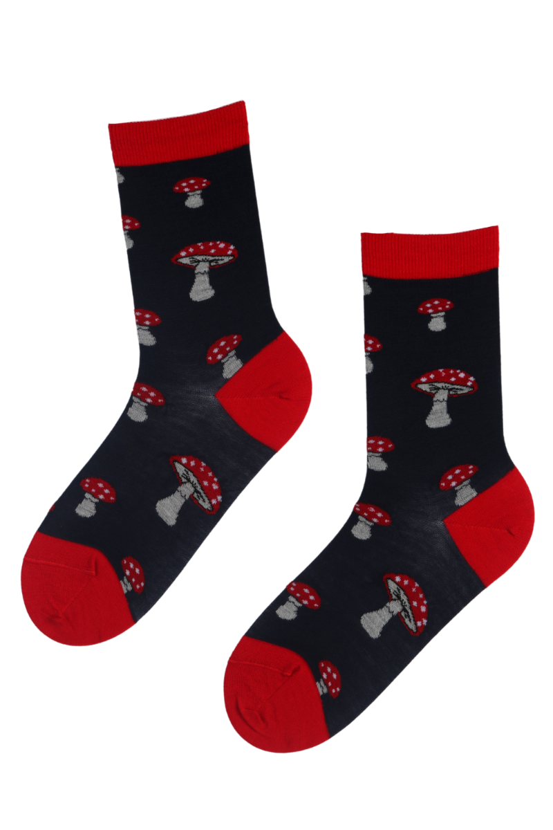 PUFFBALL merino wool socks featuring a vibrant red toadstool design, perfect for stylish comfort.