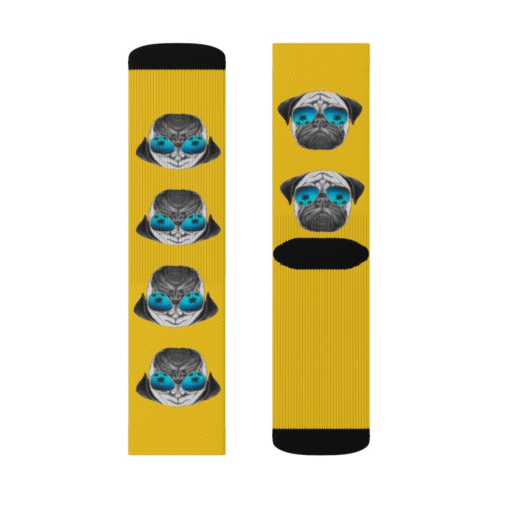 A pair of fun novelty socks featuring a cute Pug wearing sunglasses, showcasing a vibrant and playful design.