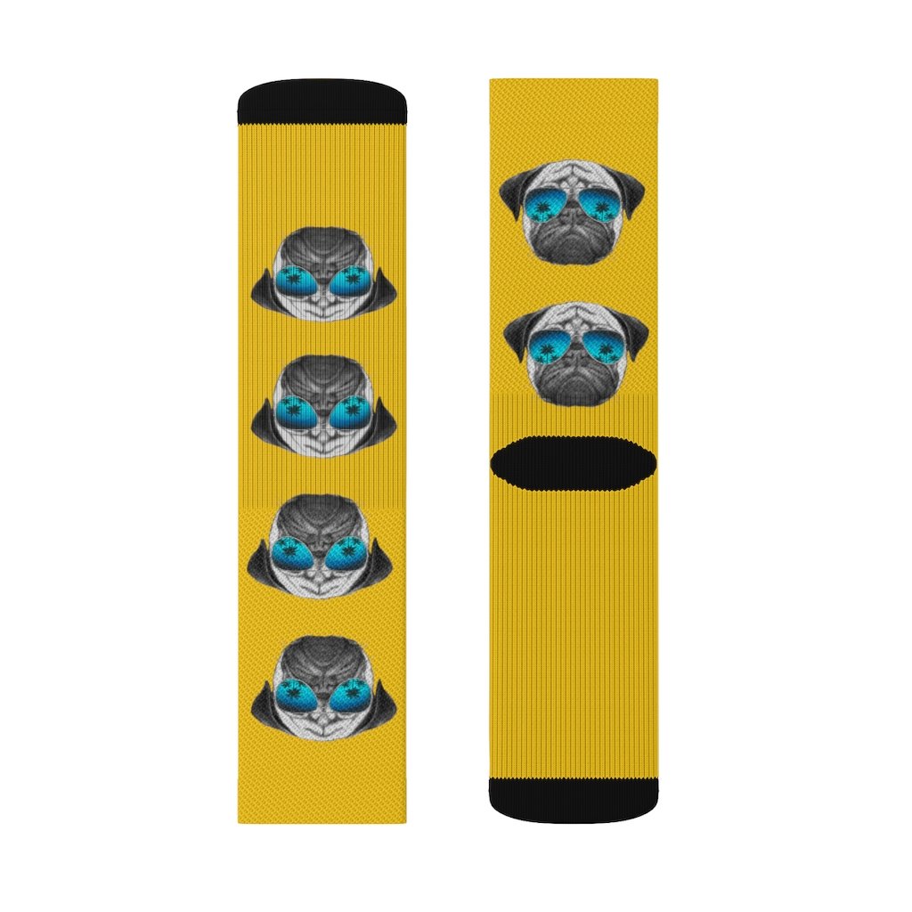 A pair of fun novelty socks featuring a cute Pug wearing sunglasses, showcasing a vibrant and playful design.