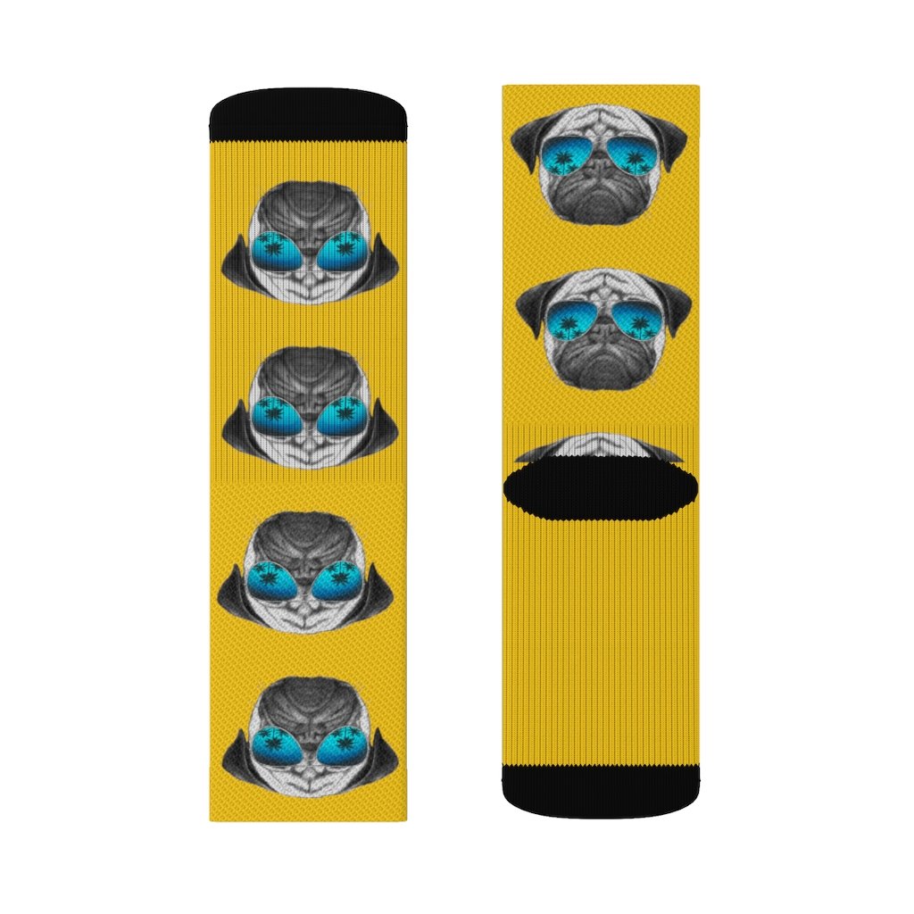 A pair of fun novelty socks featuring a cute Pug wearing sunglasses, showcasing a vibrant and playful design.