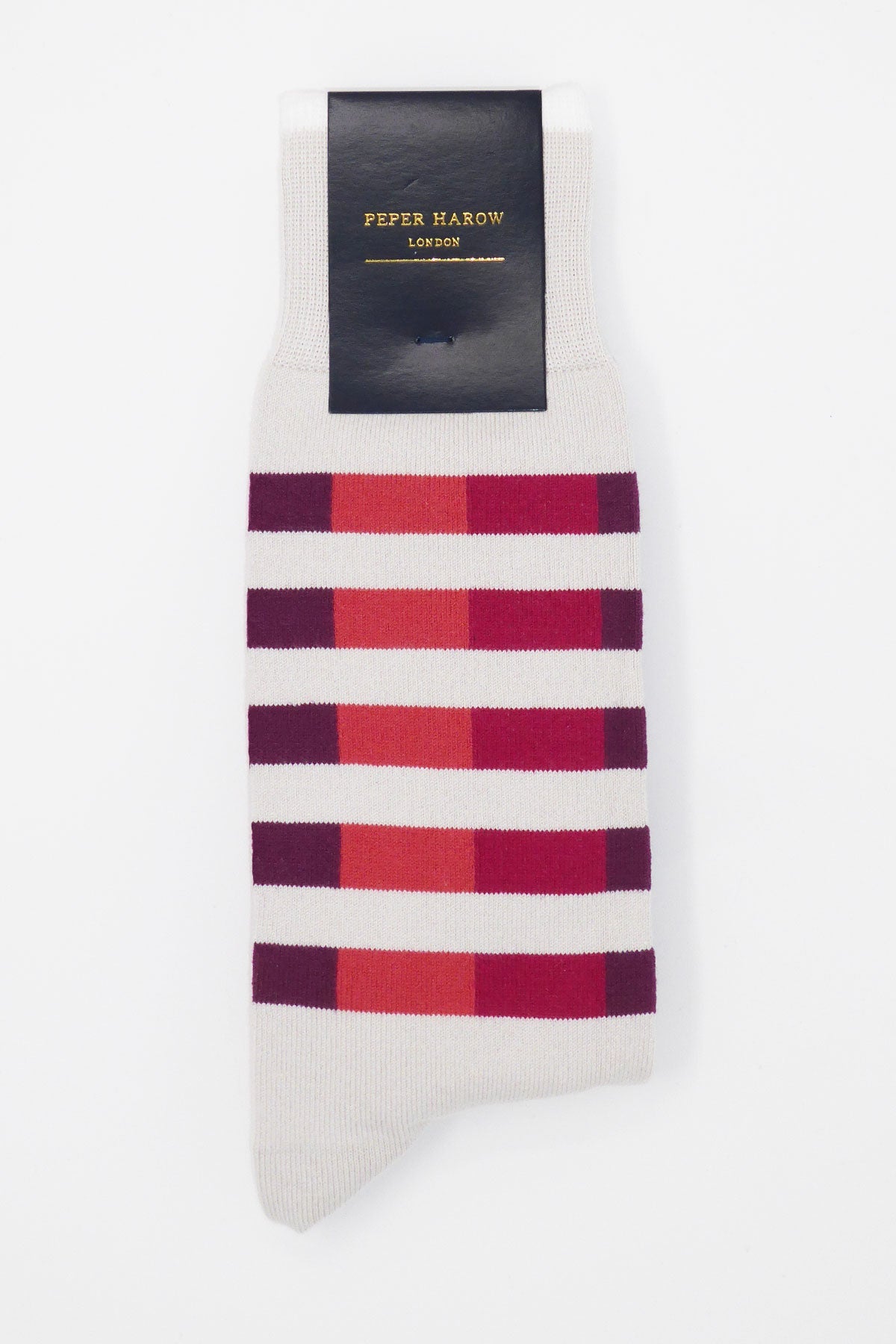 Cream Quad Stripe men's luxury socks featuring vibrant burgundy, red, and peach stripes on a soft cream background.