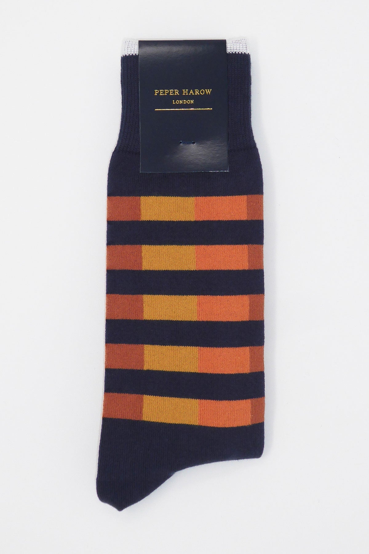 Navy Quad Stripe men's luxury socks with contrasting orange and yellow stripes, showcasing a stylish design for gentlemen.