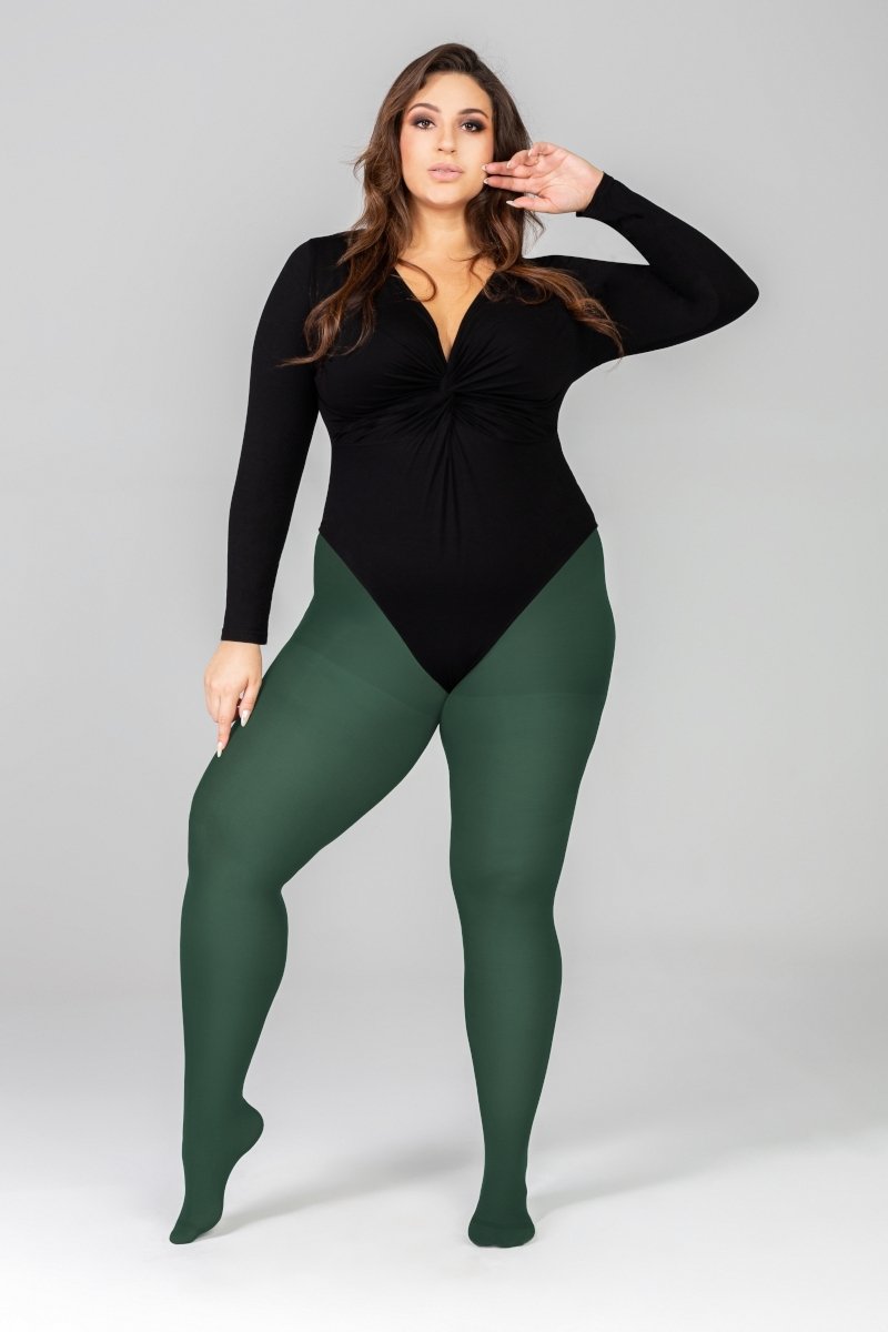 QUEEN PLUS 50DEN emerald tights for curvy ladies, featuring a soft cotton gusset and a stylish dark green color.