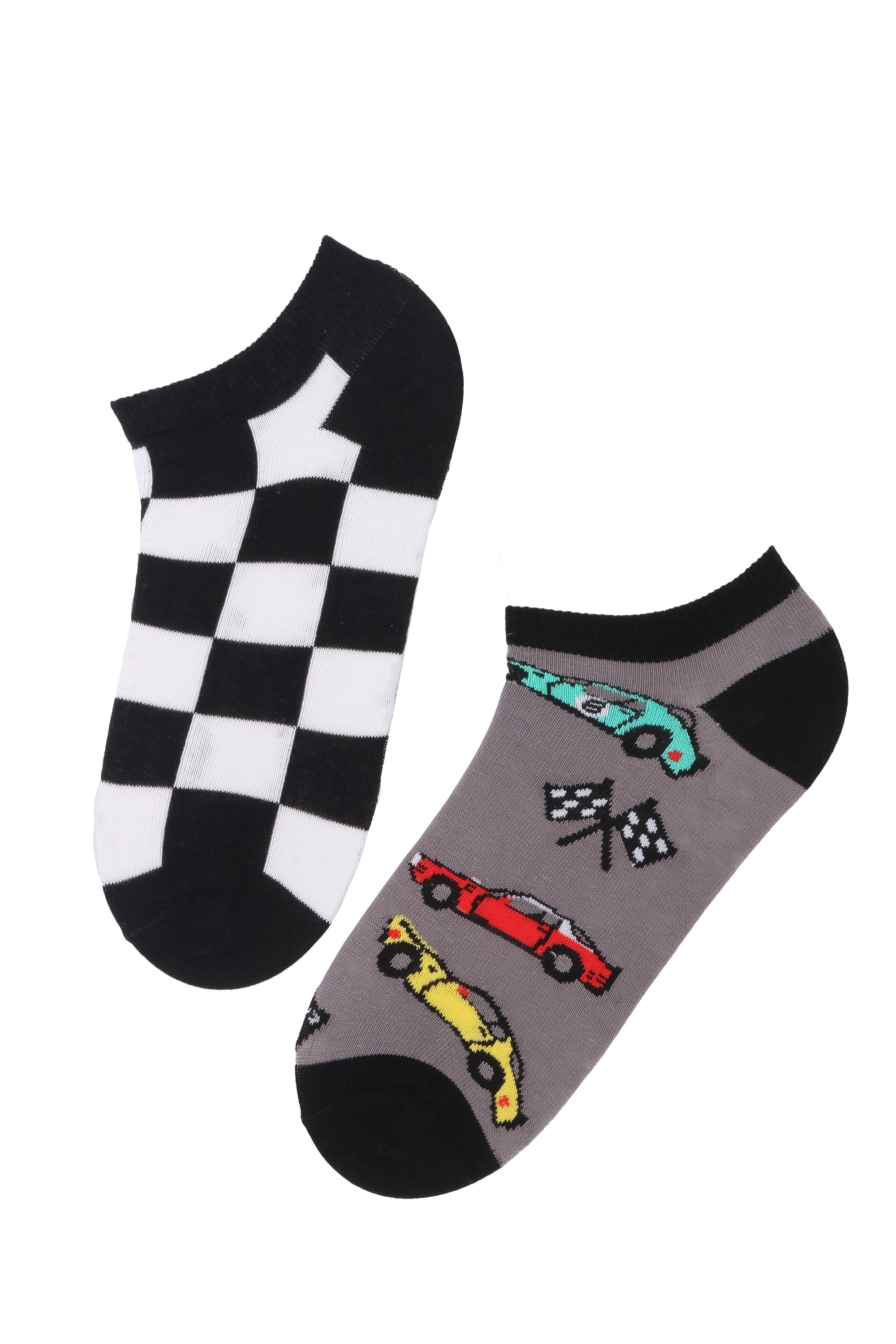 RACECAR low-cut cotton socks featuring a racecar pattern and a white-black square pattern, perfect for car enthusiasts.