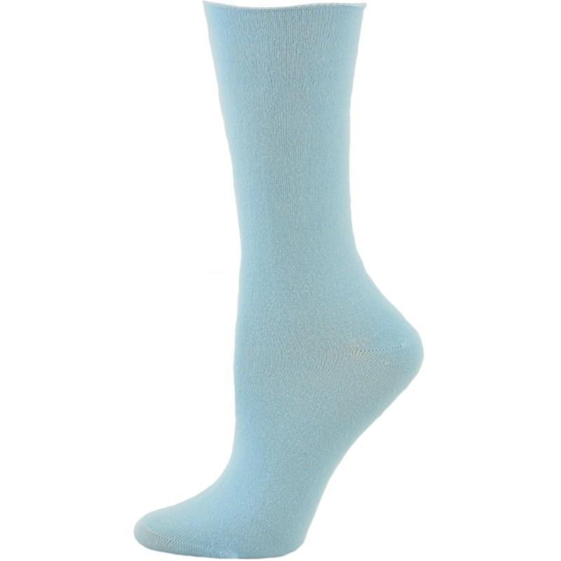 Three pairs of Rayon from Bamboo Roll Top Mid-Calf Crew Socks in various colors, showcasing their soft texture and rolled top design.