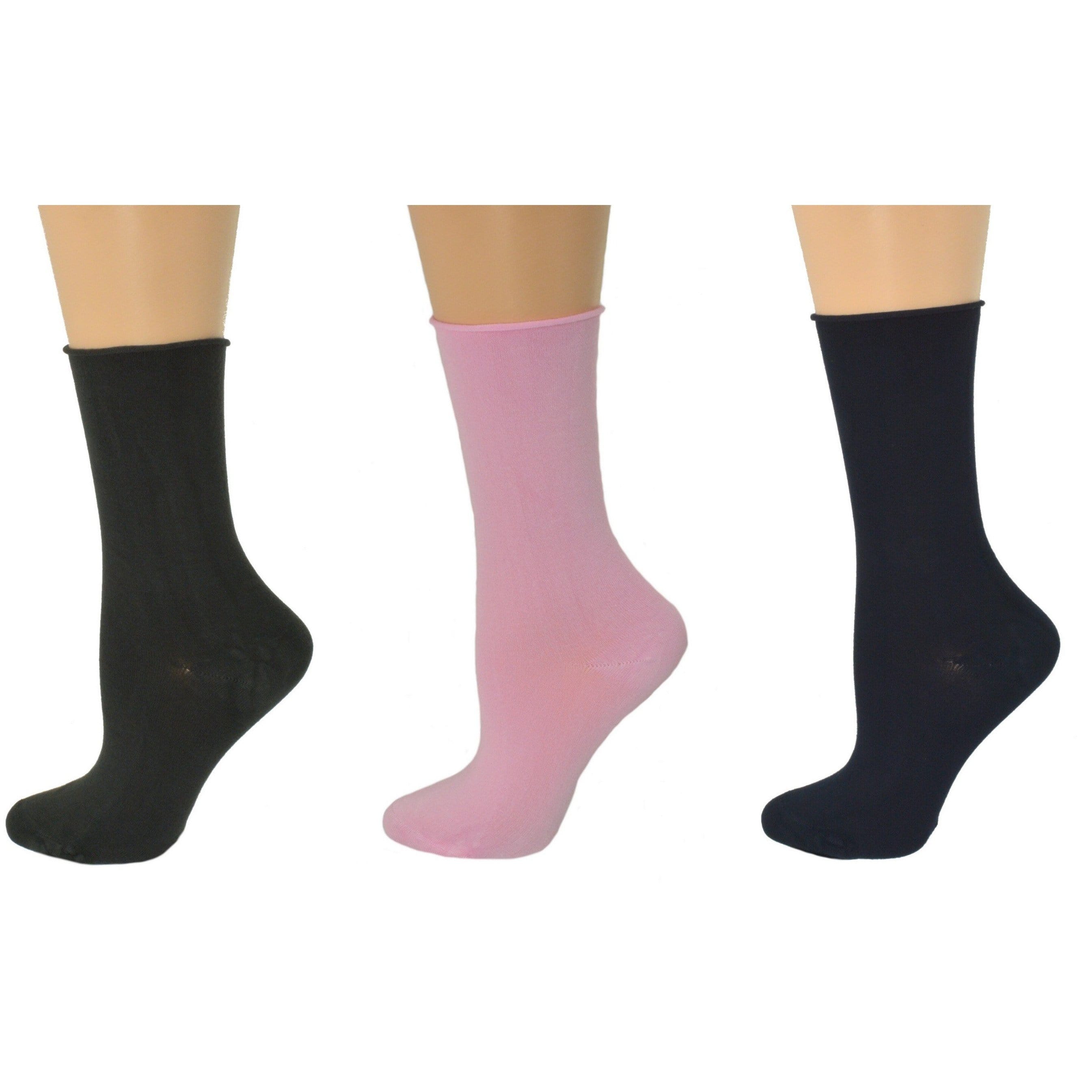 Three pairs of Rayon from Bamboo Roll Top Mid-Calf Crew Socks in various colors, showcasing their soft texture and rolled top design.