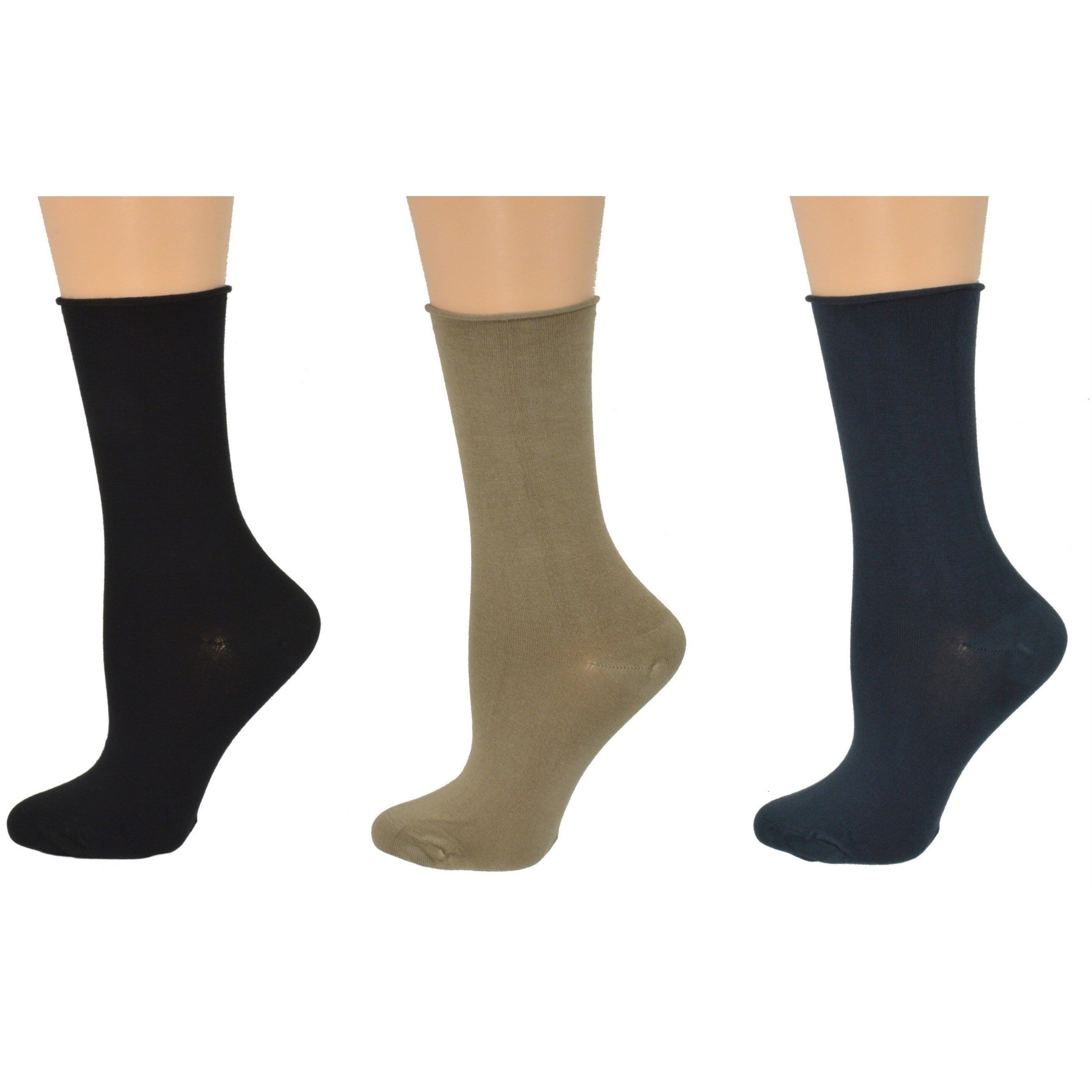 Three pairs of Rayon from Bamboo Roll Top Mid-Calf Crew Socks in various colors, showcasing their soft texture and rolled top design.