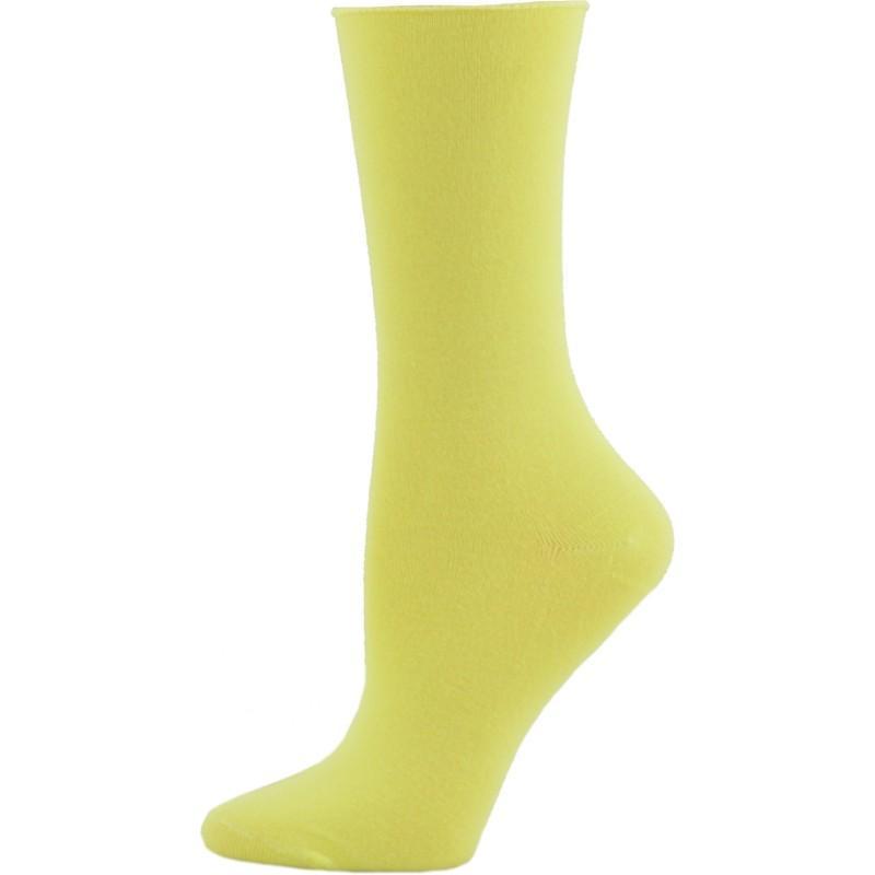 Three pairs of Rayon from Bamboo Roll Top Mid-Calf Crew Socks in various colors, showcasing their soft texture and rolled top design.