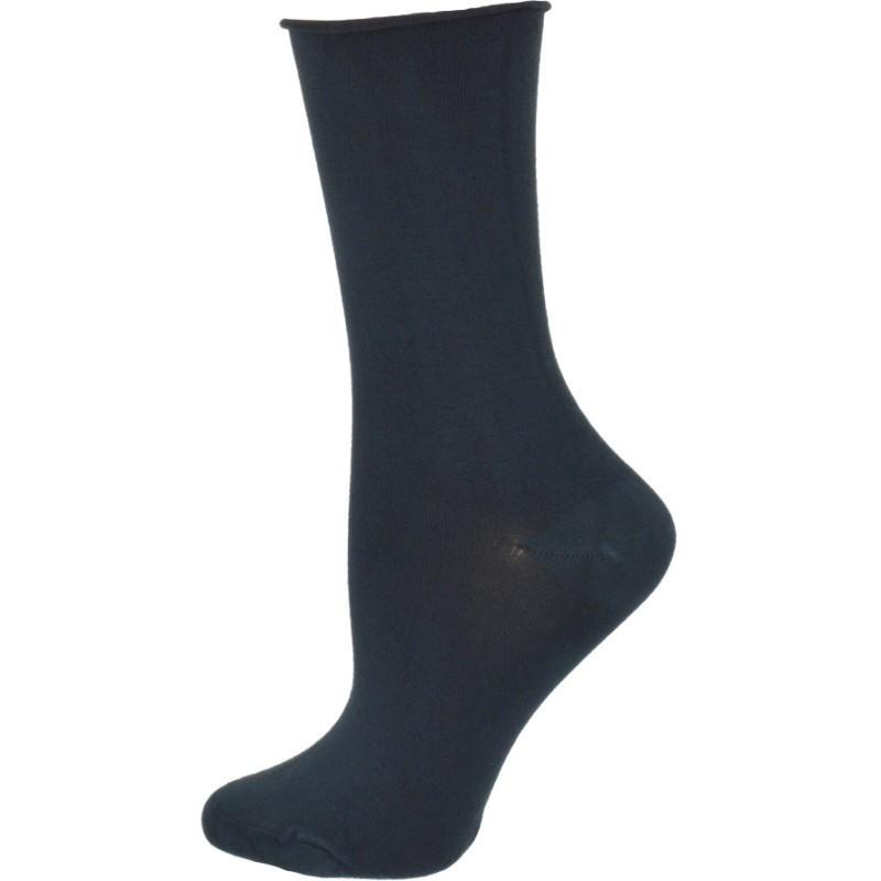 Three pairs of Rayon from Bamboo Roll Top Mid-Calf Crew Socks in various colors, showcasing their soft texture and rolled top design.