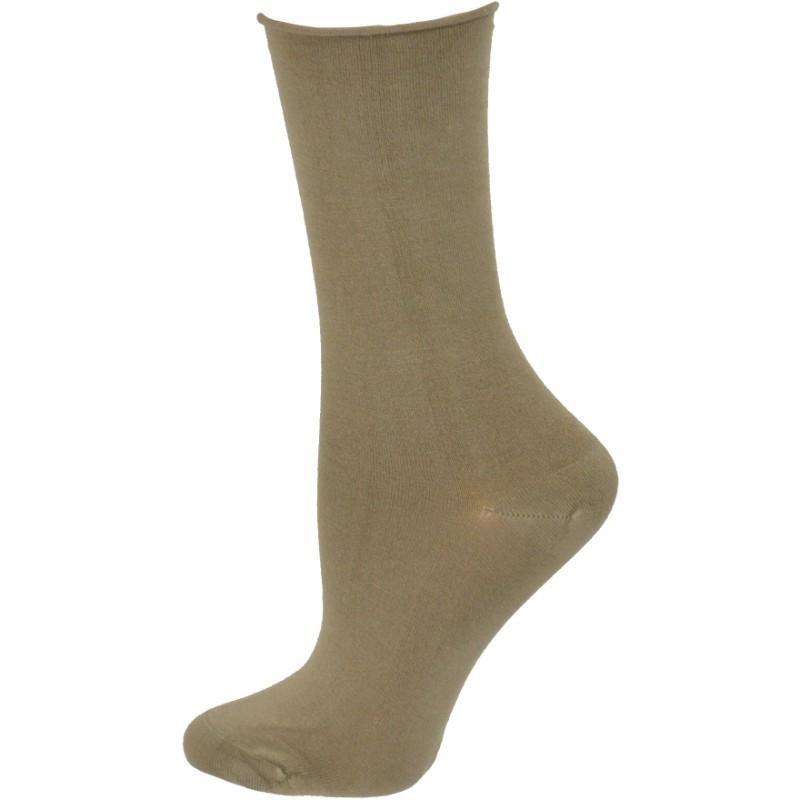 Three pairs of Rayon from Bamboo Roll Top Mid-Calf Crew Socks in various colors, showcasing their soft texture and rolled top design.