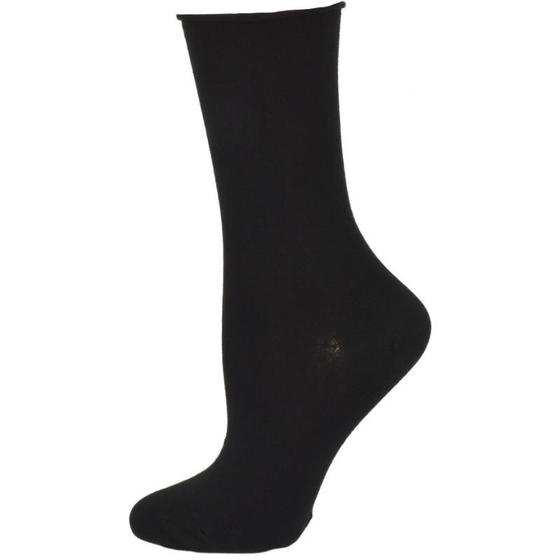 Three pairs of Rayon from Bamboo Roll Top Mid-Calf Crew Socks in various colors, showcasing their soft texture and rolled top design.