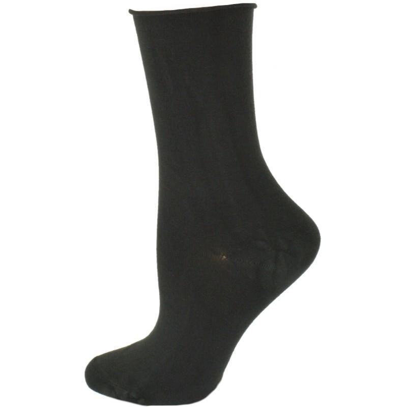 Three pairs of Rayon from Bamboo Roll Top Mid-Calf Crew Socks in various colors, showcasing their soft texture and rolled top design.