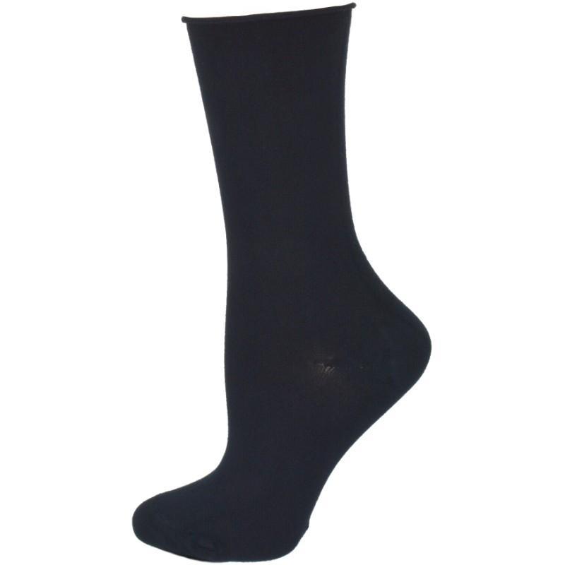 Three pairs of Rayon from Bamboo Roll Top Mid-Calf Crew Socks in various colors, showcasing their soft texture and rolled top design.