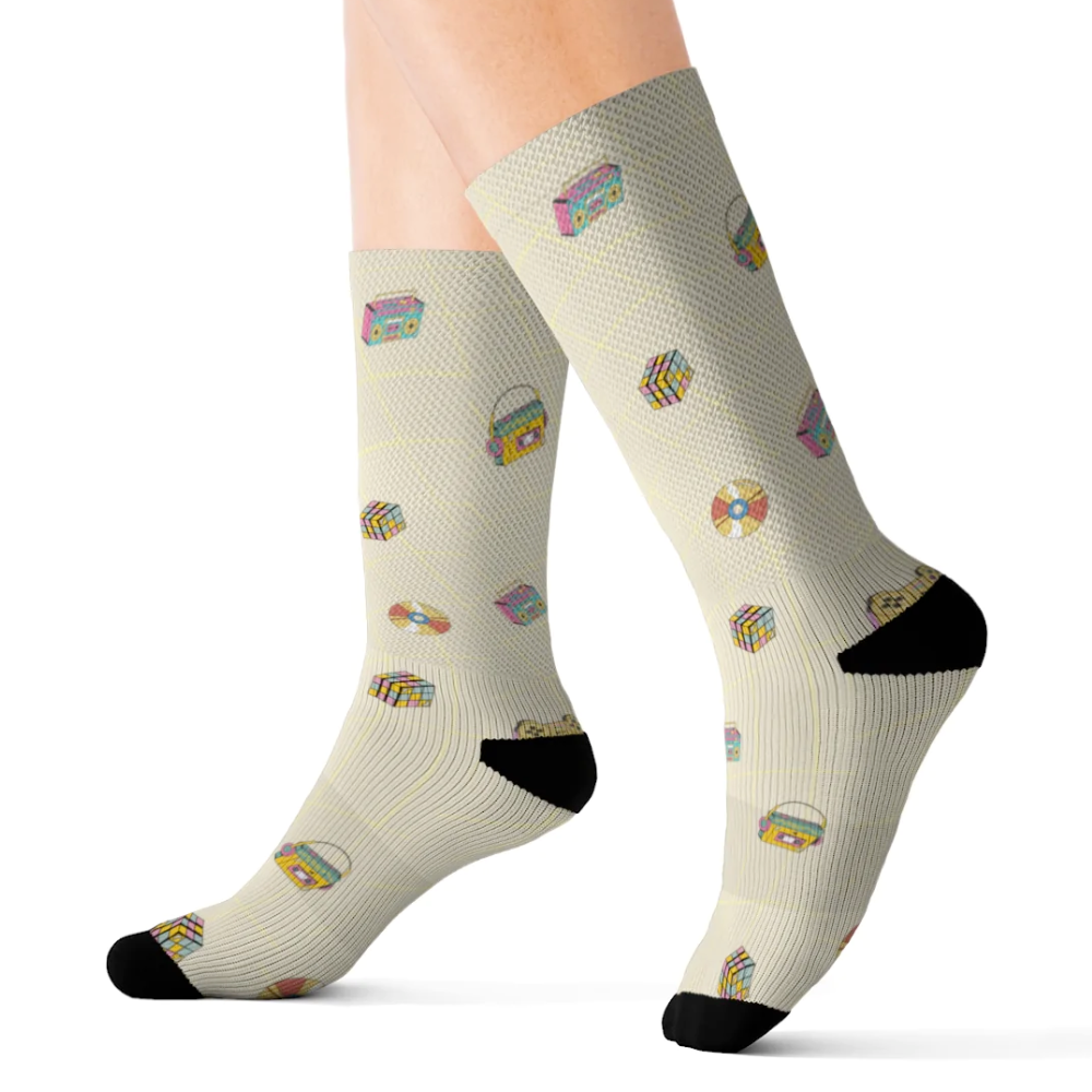 A pair of colorful Retro Games Fun Novelty Socks featuring classic video game prints, designed for comfort and style.