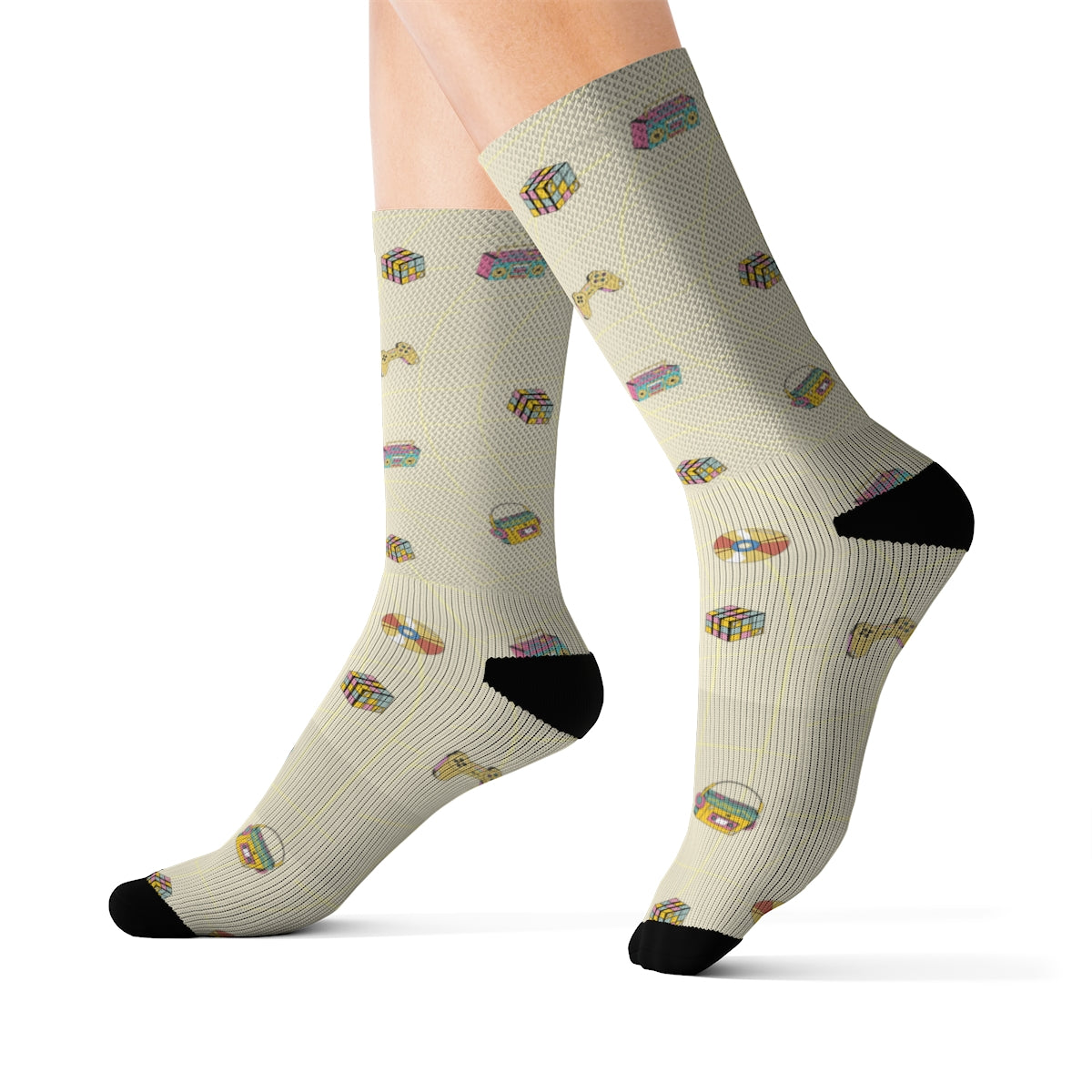 A pair of colorful Retro Games Fun Novelty Socks featuring classic video game prints, designed for comfort and style.