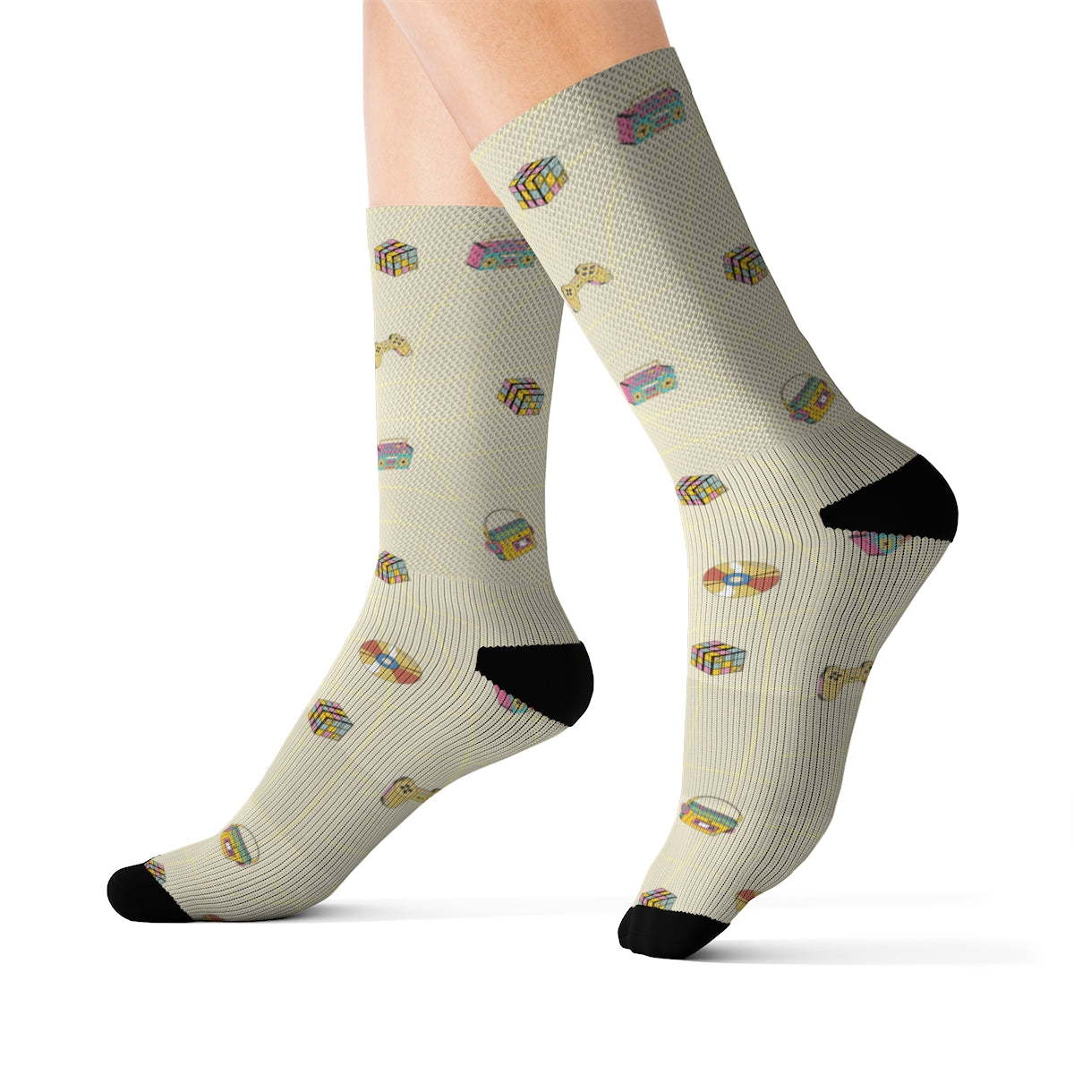 A pair of colorful Retro Games Fun Novelty Socks featuring classic video game prints, designed for comfort and style.