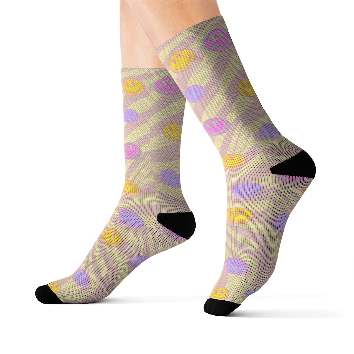 A pair of Retro Happy Face Fun Novelty Socks featuring a vibrant happy face print, designed for comfort and style.