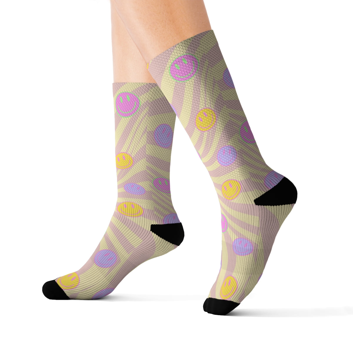 A pair of Retro Happy Face Fun Novelty Socks featuring a vibrant happy face print, designed for comfort and style.