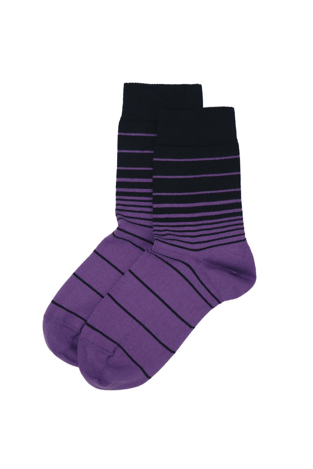 A pair of Retro Stripe Women's Socks in purple with contrasting black stripes, showcasing luxury and style.