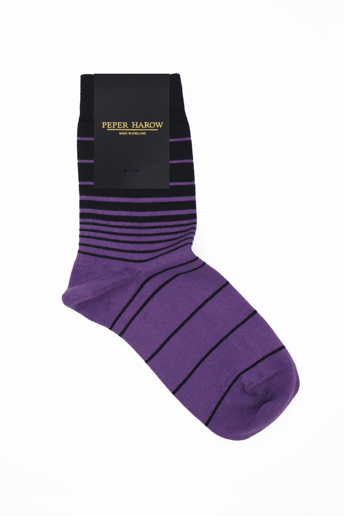 A pair of Retro Stripe Women's Socks in purple with contrasting black stripes, showcasing luxury and style.