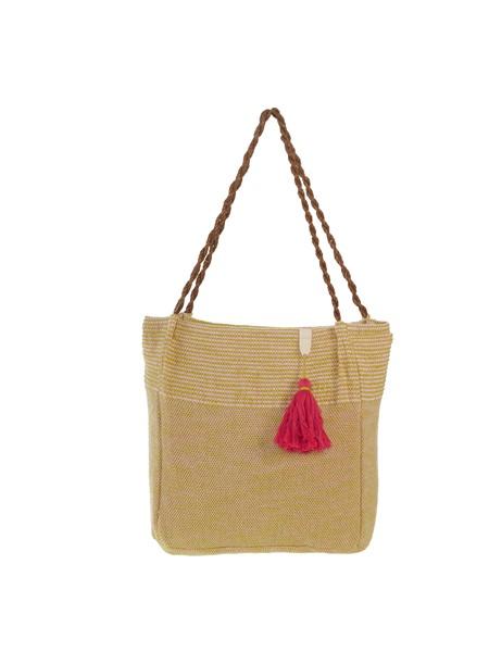 A stylish Reusable Women's Cotton Tote Shoulder Bag featuring tassels, perfect for beach outings and shopping trips.