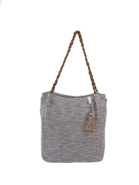 A stylish Reusable Women's Cotton Tote Shoulder Bag featuring tassels, perfect for beach outings and shopping trips.