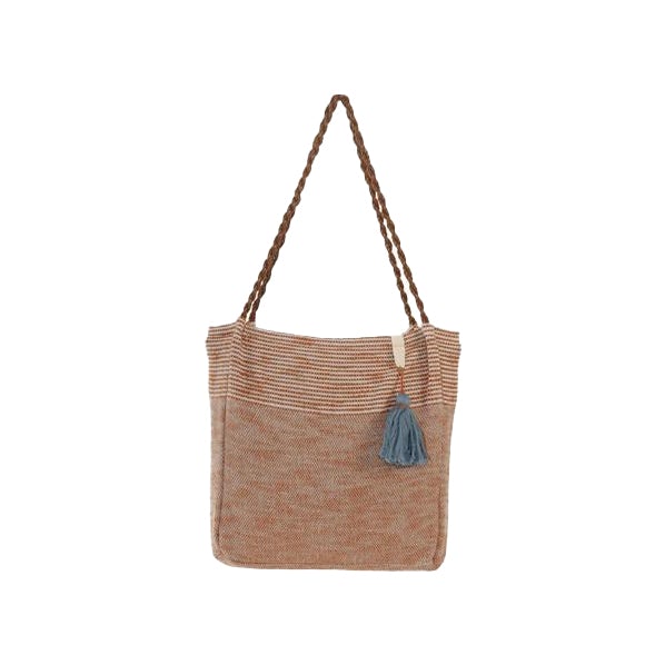 A stylish Reusable Women's Cotton Tote Shoulder Bag featuring tassels, perfect for beach outings and shopping trips.