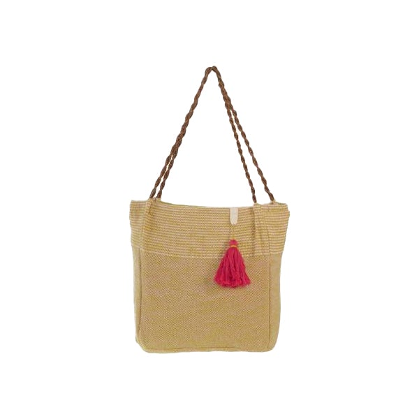 A stylish Reusable Women's Cotton Tote Shoulder Bag featuring tassels, perfect for beach outings and shopping trips.