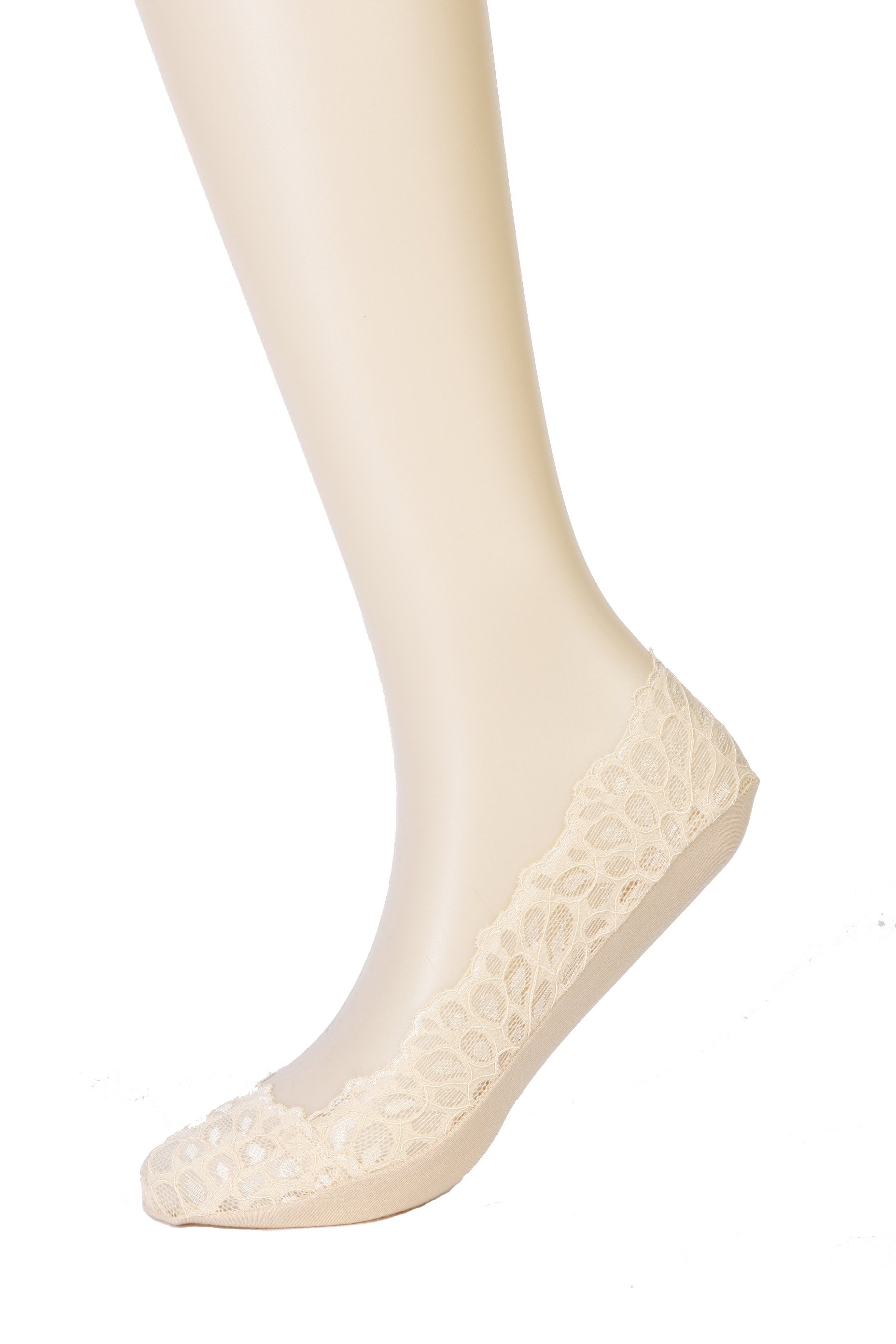 RICCA beige footsies featuring a lace pattern and silicone grip for comfort.