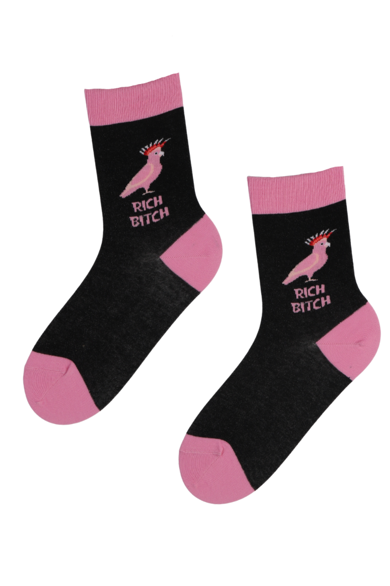 RICH BITCH pink socks for women featuring a cockatoo design and bold lettering, perfect for stylish and confident wearers.