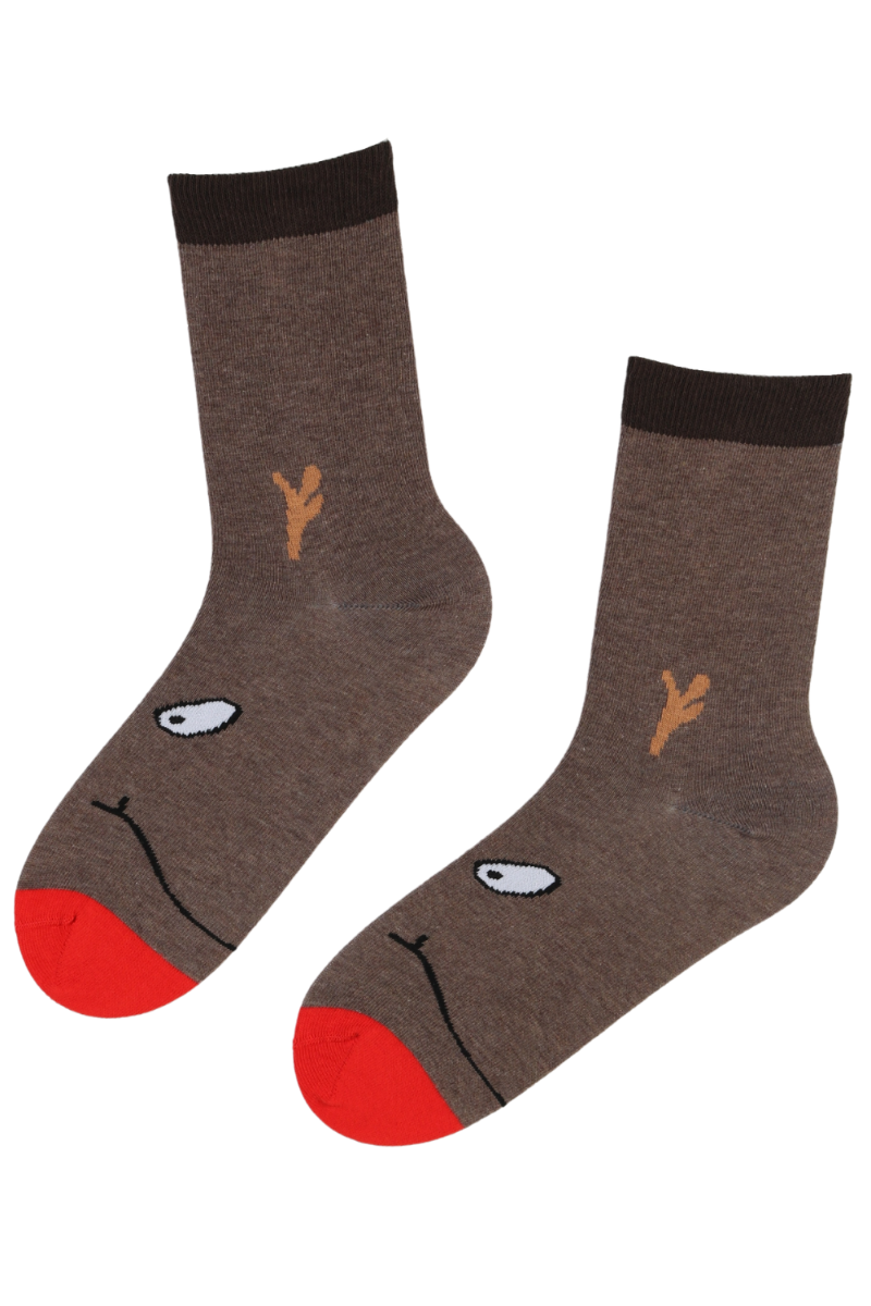 A pair of brown cotton socks featuring a cute reindeer design, perfect for Christmas celebrations.