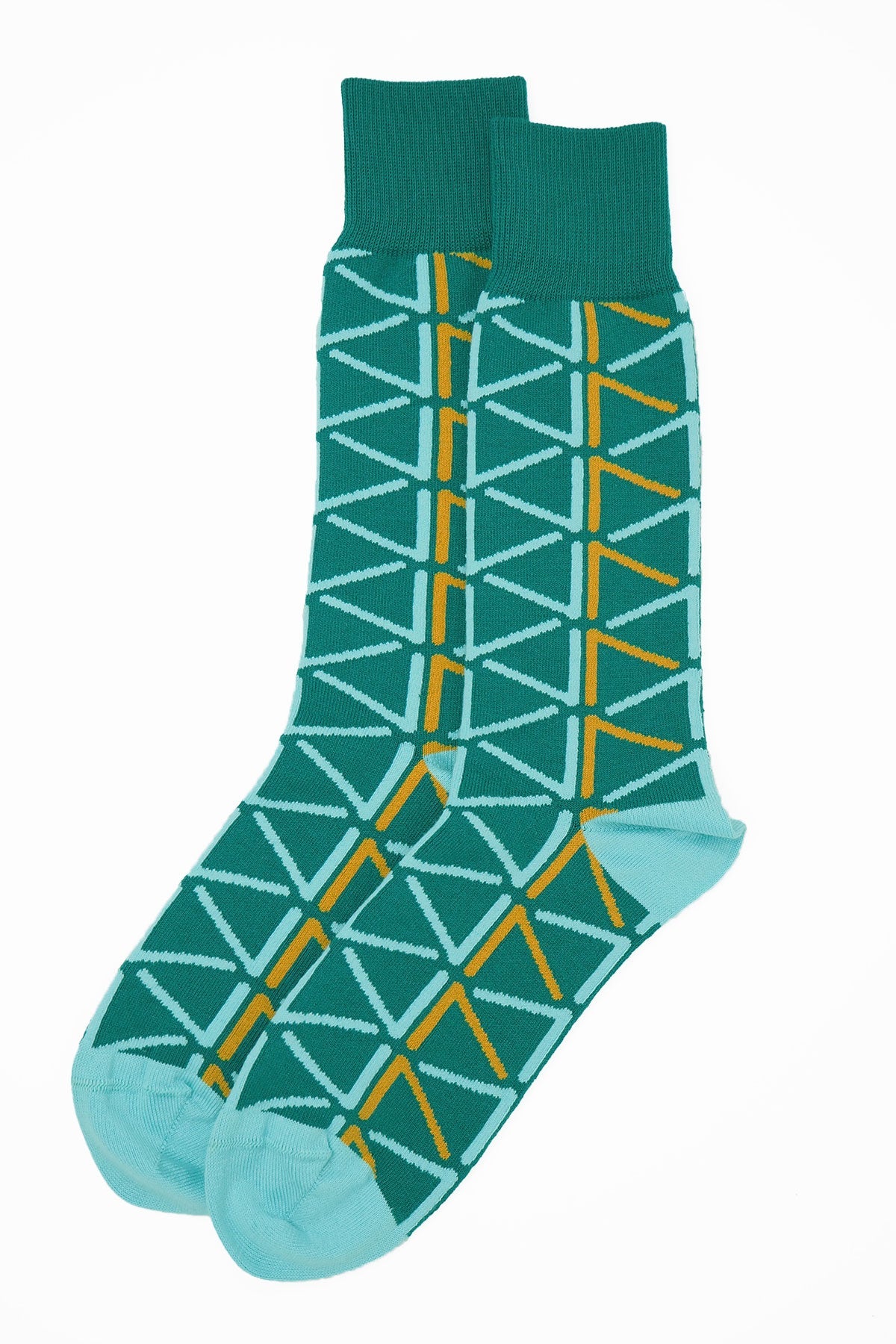 A pair of teal men's luxury socks featuring contrasting blue and yellow patterns, made from Supima cotton.