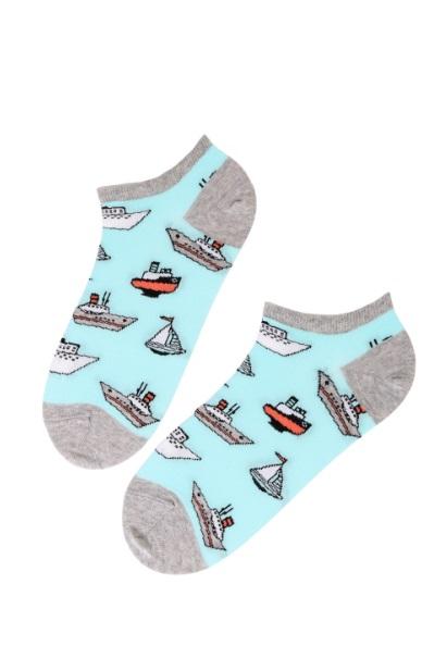 A pair of SHIPSWORLD low cut cotton socks featuring a vibrant blue color and patterns of various sailing ships, suitable for both men and women.