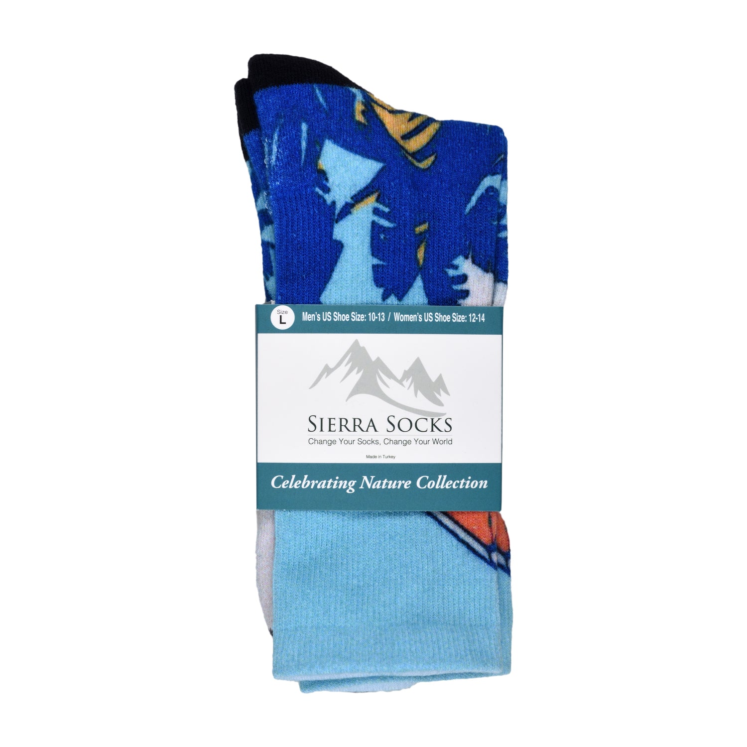 Sierra Socks featuring a vibrant paradise pattern with palm trees and clouds, designed for comfort and style during outdoor activities.