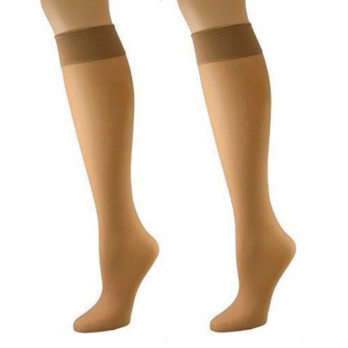 A pack of six pairs of Sierra Stay Up Knee Hi nylon socks in assorted colors, showcasing their sheer design and wide band.