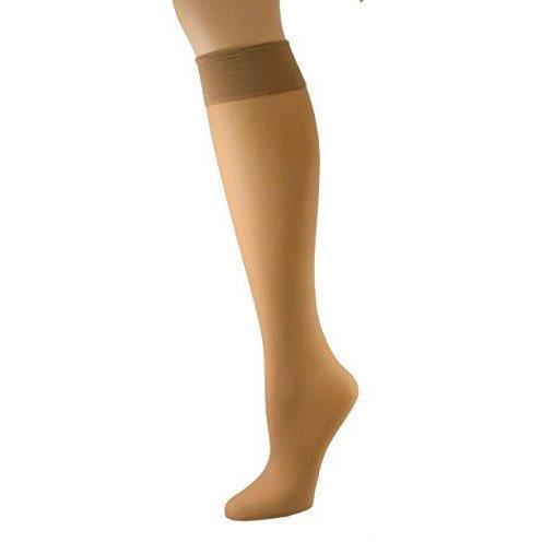 A pack of six pairs of Sierra Stay Up Knee Hi nylon socks in assorted colors, showcasing their sheer design and wide band.