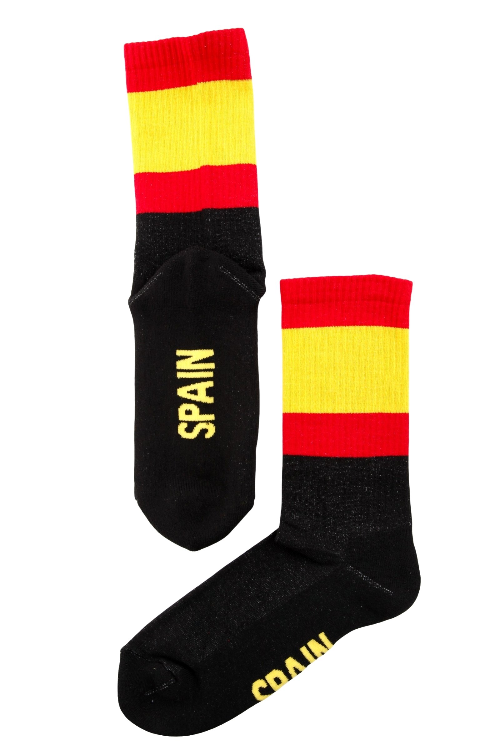 A pair of black cotton socks featuring the vibrant flag of Spain and the word 'SPAIN' on the sole, designed for men and women.