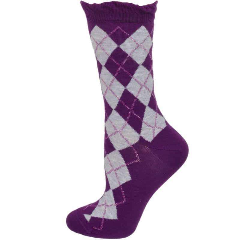 A pair of stylish sparkly cotton argyle crew socks featuring a vibrant pattern and Lurex accents, perfect for both casual and dressy occasions.