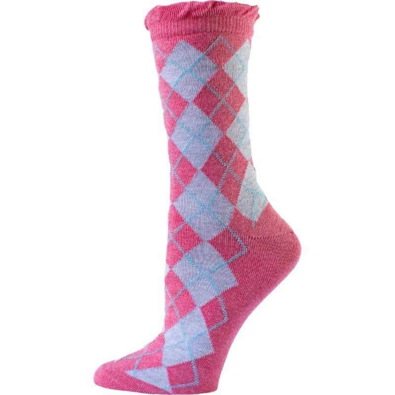 A pair of stylish sparkly cotton argyle crew socks featuring a vibrant pattern and Lurex accents, perfect for both casual and dressy occasions.